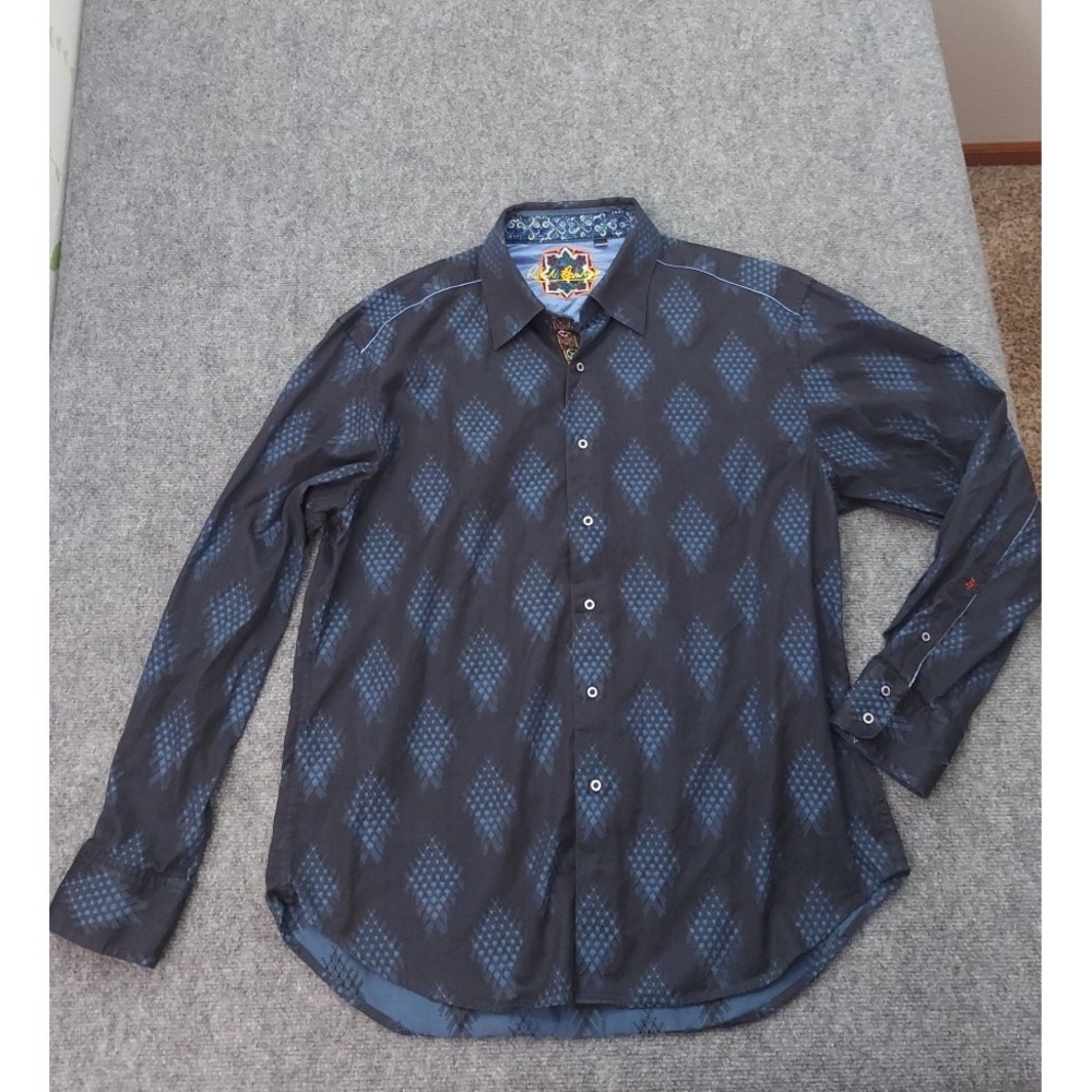 Robert Graham Shirt Mens 2XL Blue Diamond Print Flip Cuff Cotton Button‎ Up